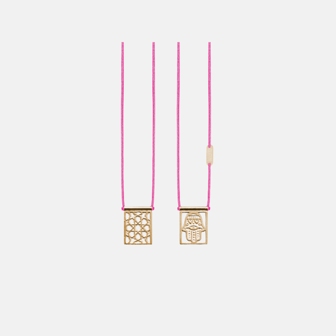 Hamsa Protection Escapulario Gold - plated, with Pink Cord - BALLESTRIN